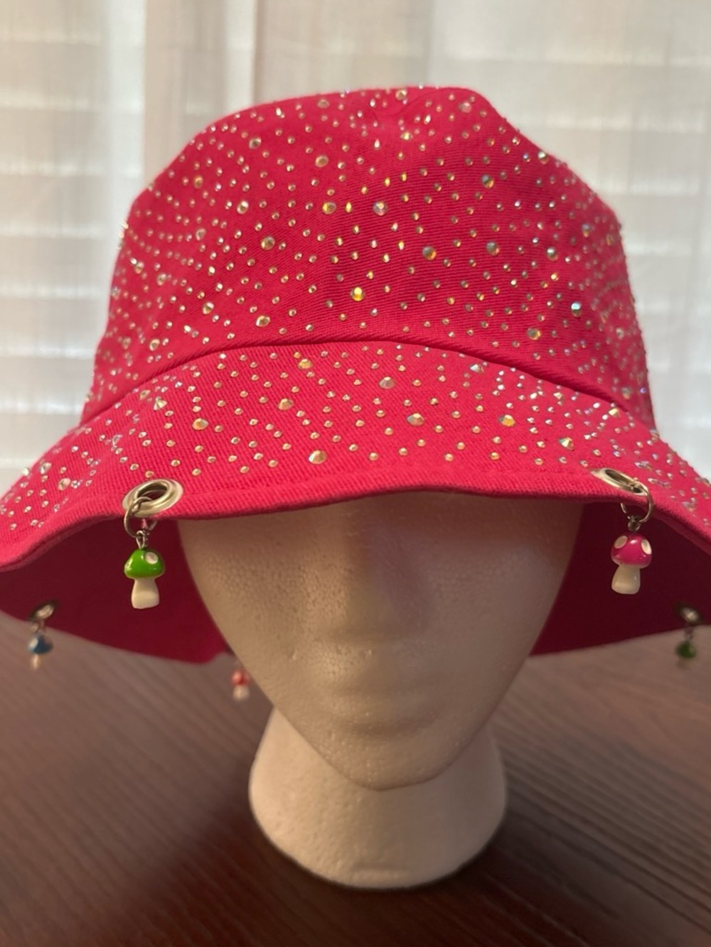 Pink Rhinestone Mushroom Charm Bucket Hat